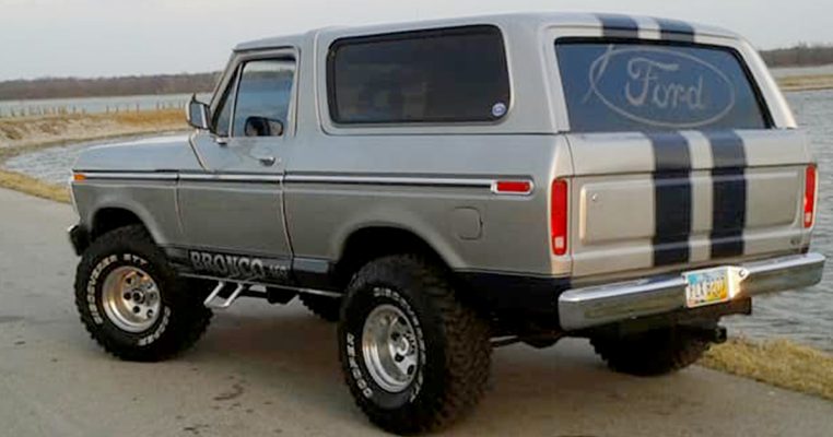 1978 Ford Bronco: Silver with Blue Racing Stripes